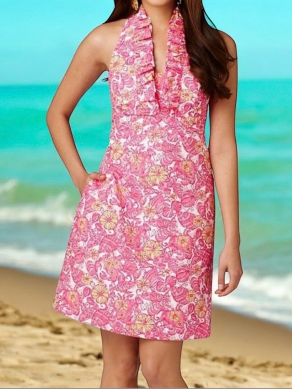 Lilly Pulitzer resort Pink and Yellow Halter chum bucket raffle Dress Sz 10